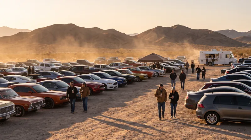 A dusk cars-and-coffee meet in a gravel lot with desert mountains behind