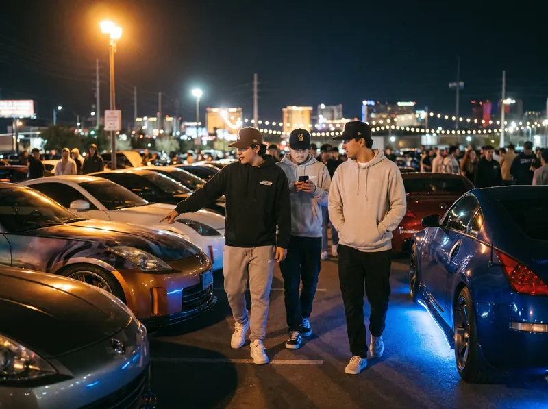 Three friends walking between parked cars at a night meet