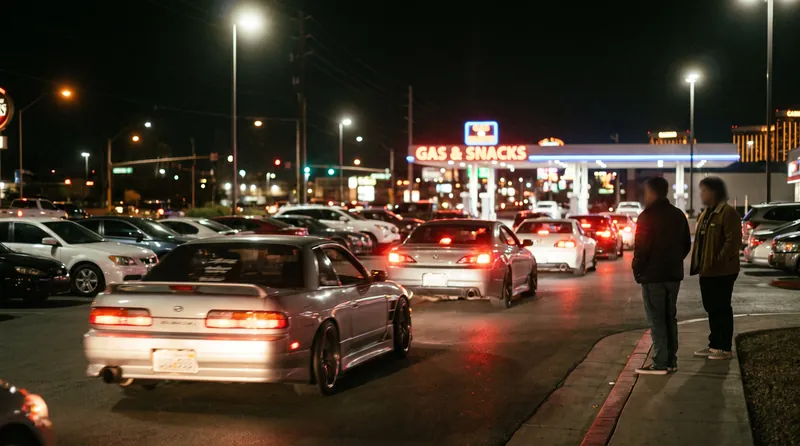 Cars leaving a meet at night with tail lights glowing