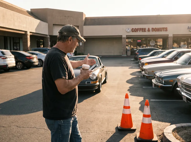 An organizer waving cars in at a strip-mall lot in the morning
